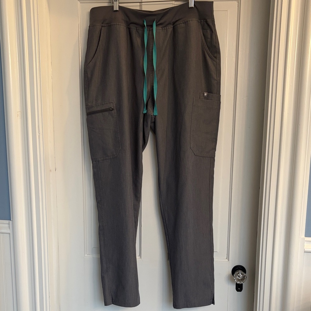 Figs Women’s Charcoal Gray Scrub Pants with Teal Drawstring Size XXLT
